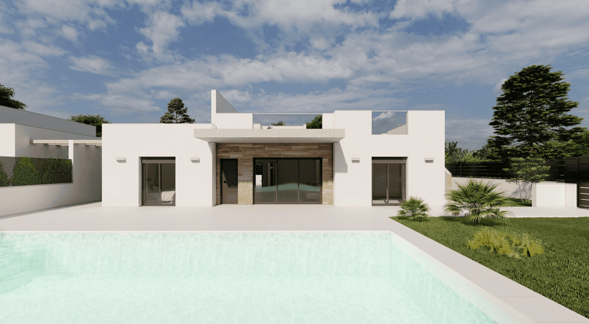 Modern white house with large windows and a swimming pool in front, surrounded by trees and greenery.