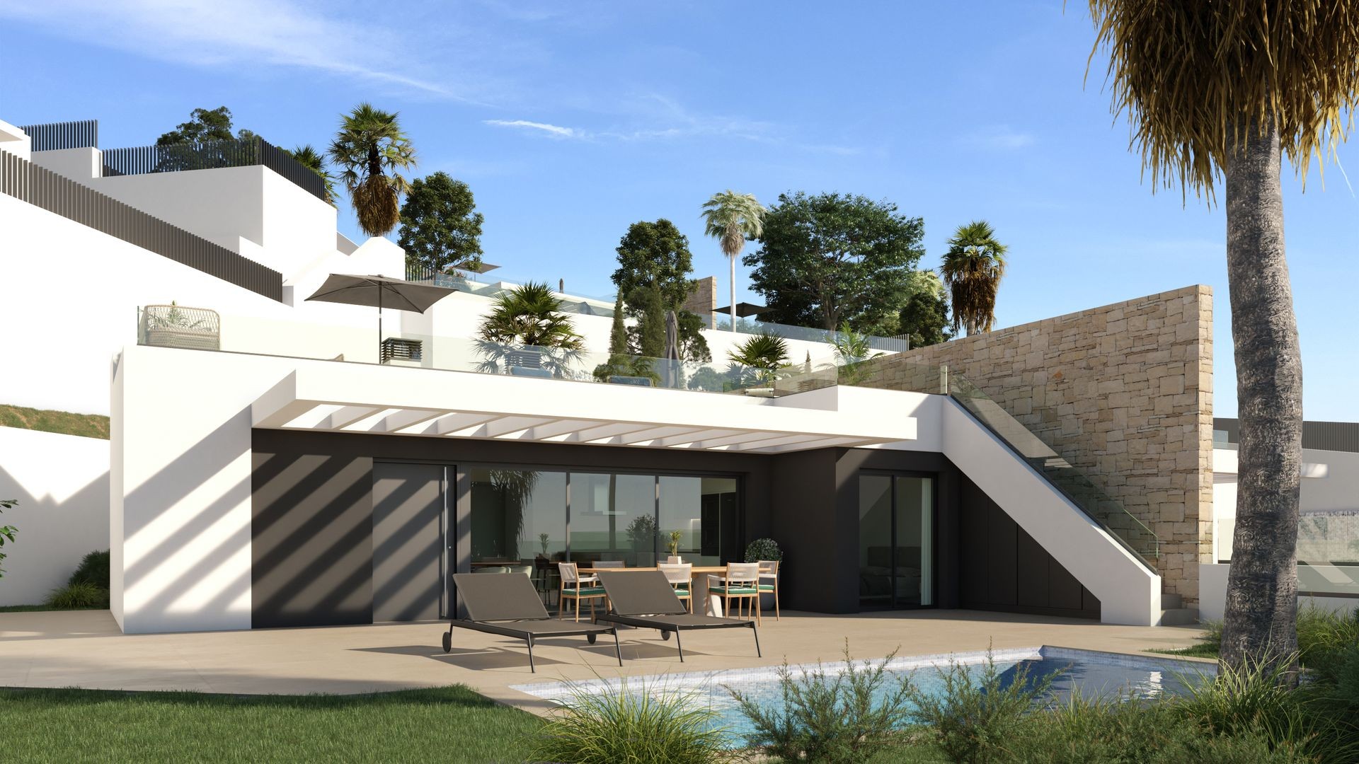 Modern villa with pool, patio chairs, and palm trees against a clear sky.